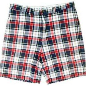 Red, yellow, and blue plaid chino shorts